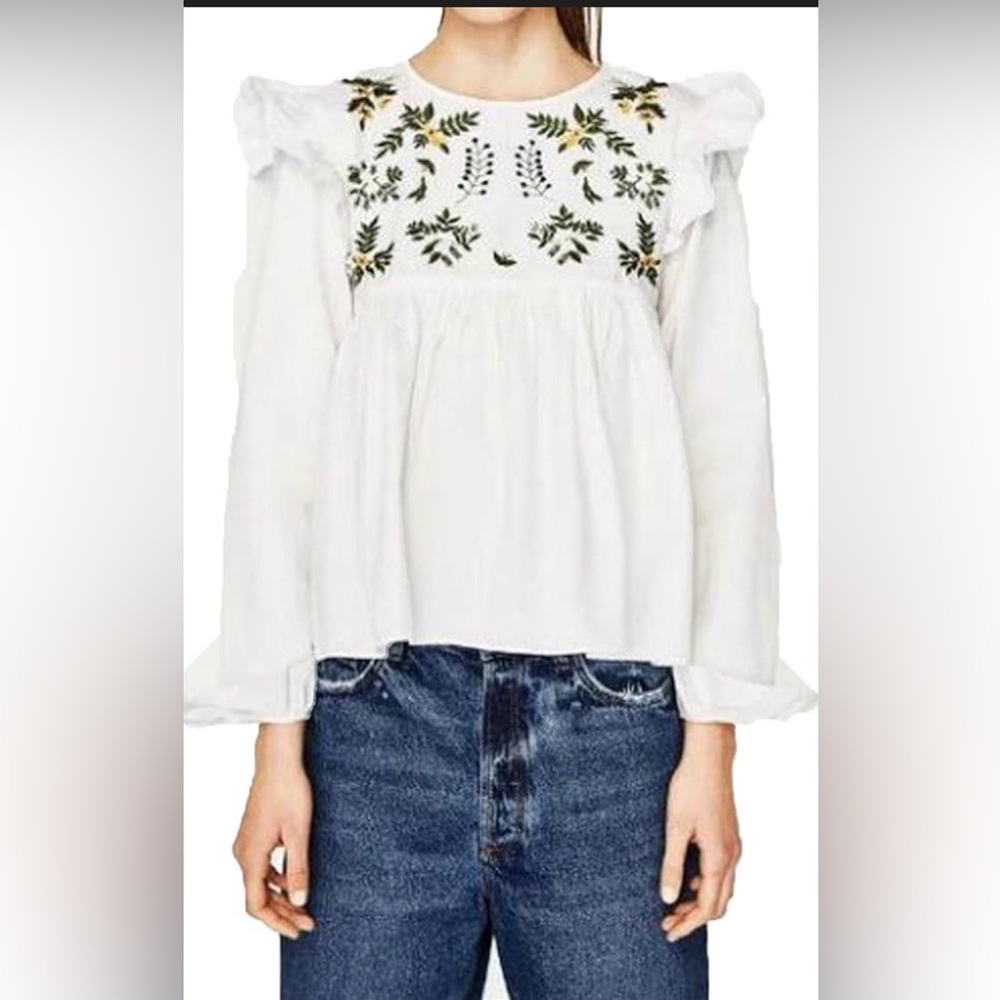 Zara EUC Embroidered White Ruffle Blouse L